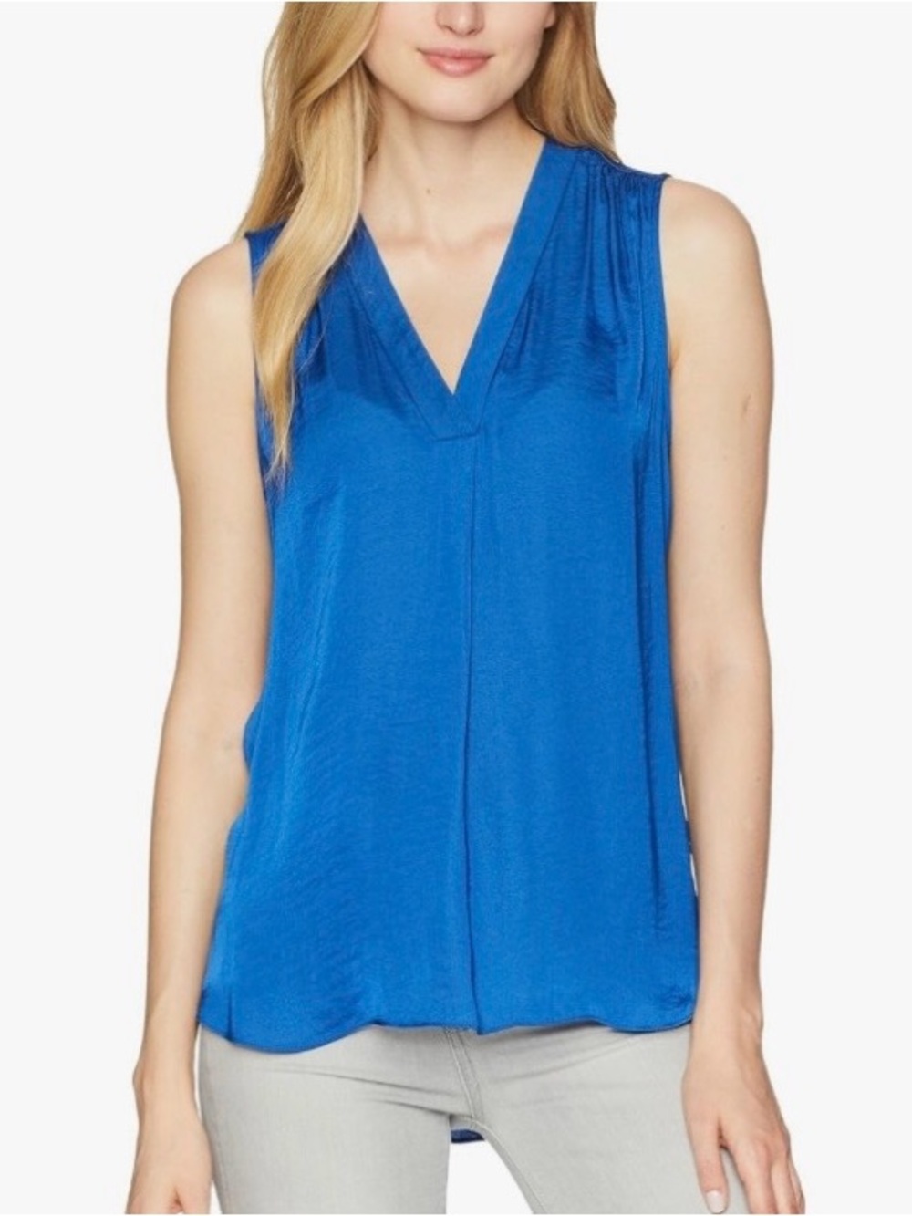 Vince Camuto Sleeveless V-Neck Satin Shell Top - Cobalt Blue - Picture 11 of 11
